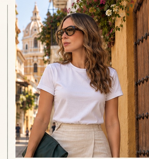 Modelo de CASA LUNÉ con T-shirt y pañoleta